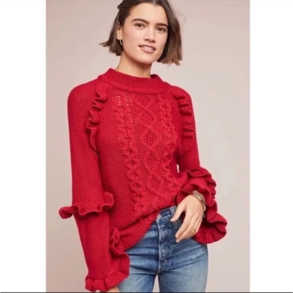 BB Dakota Red Cable Chunky Knit Ruffled Sleeve Sweater
